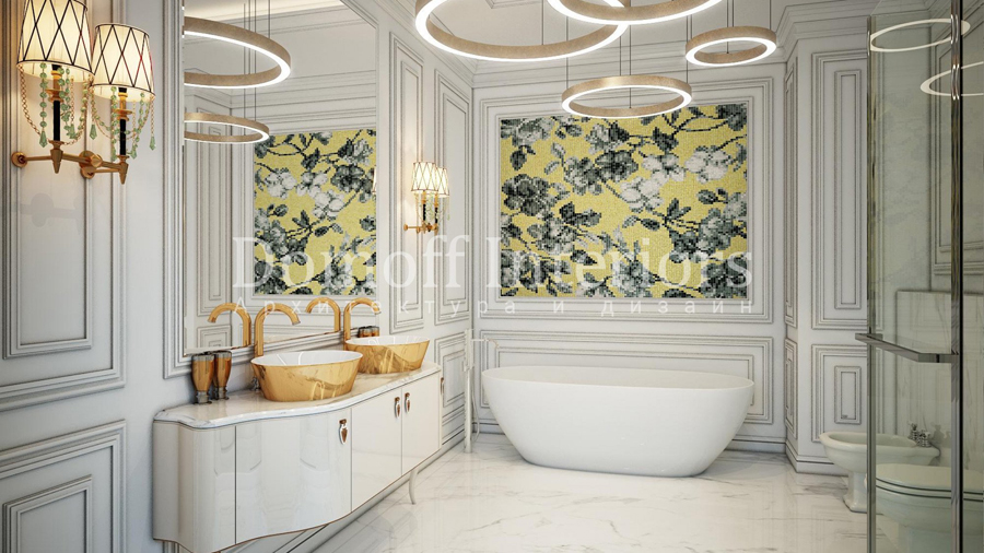 Санузел с двумя золотыми раковинами, отдельной ванной и цветочной мозаикой