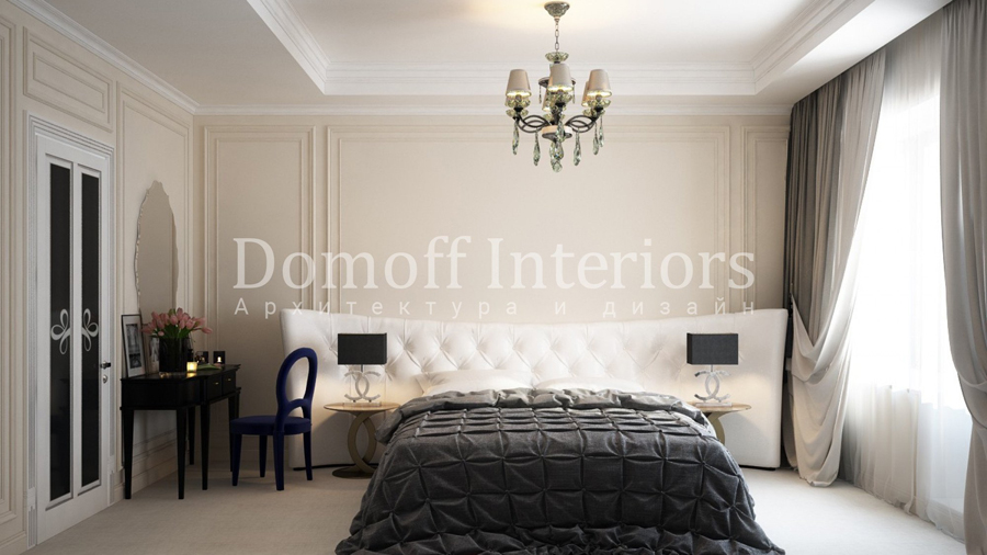 Кровать с кожаным белым изголовьем в современной светлой спальне