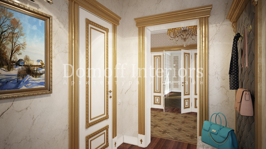 Двери с золотым декором в классическом стиле в коридоре