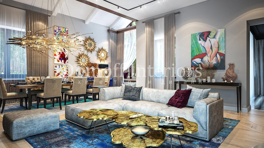 Серая гостиная-столовая эклектичного дизайна с золотым декором