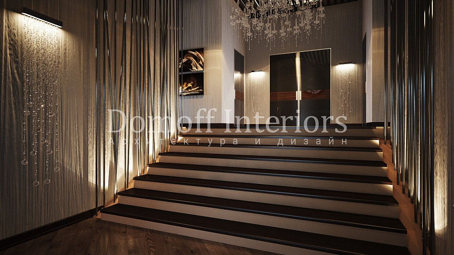 Декоративная подсветка встроена в лестницу холла для достижения большего эффекта от интерьера