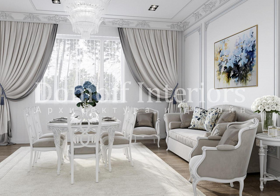 Горчичные оттенки на картине в интерьере белой классической гостиной комнаты