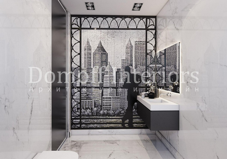 Мозаика в ванной в виде городского пейзажа - вид на мегаполис