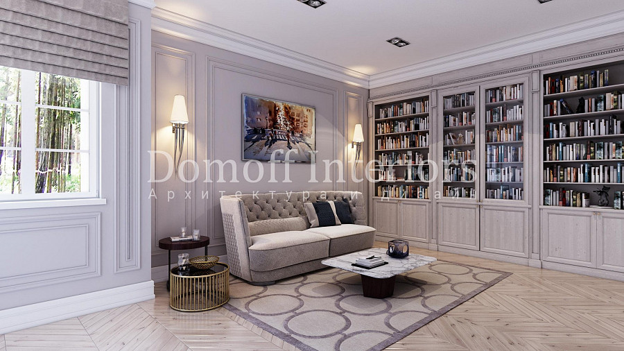 Серо-белый книжный шкаф комбинированного типа занимает всю стену в комнате отдыха