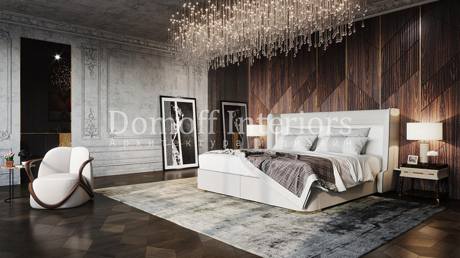 Хрустальная дизайнерская люстра в спальной комнате только украшает современный классический интерьер