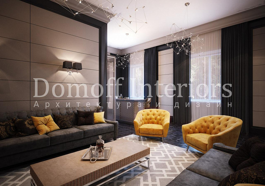 Декоративные подушки и мягкие утонченные кресла в горчичном цвете — комната с караоке в современном стиле интерьера