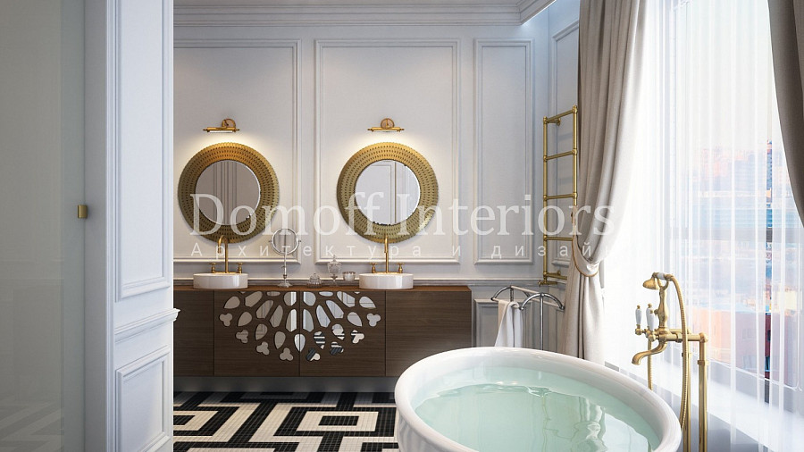 Мозаика на полу в ванной в виде геометрического рисунка