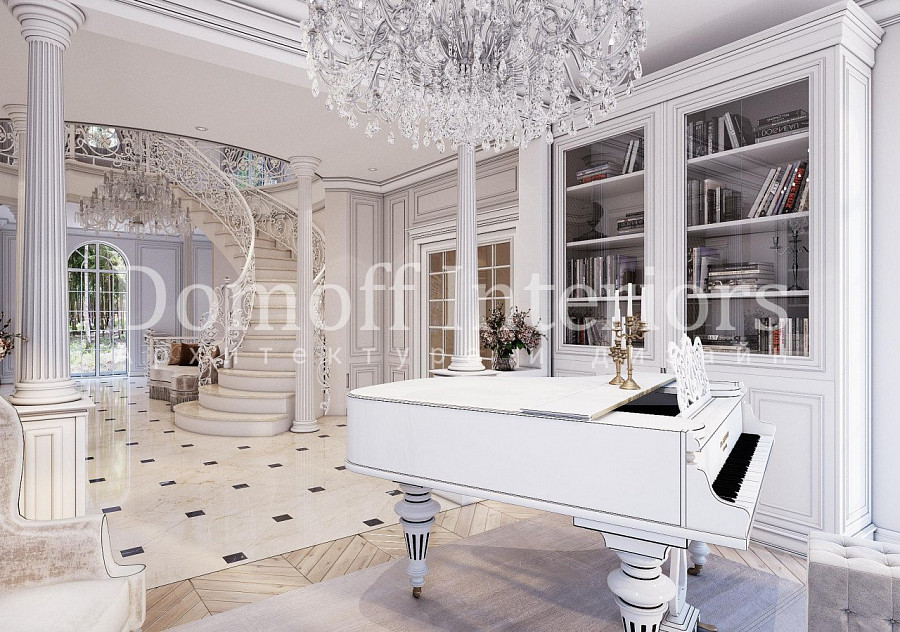 Книжный шкаф со стеклянными дверцами в белом классическом холле с лестницей смотрится аристокрастично