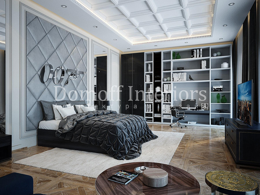 Металлический декор в стиле агента 007 на мягкой стене за изголовьем кровати — мужская спальня в современном направлении