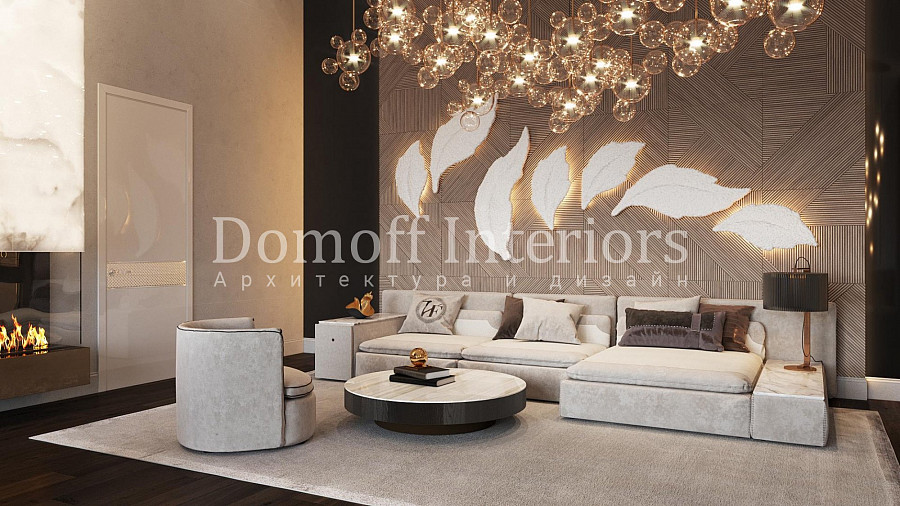 Подсветка интерьера серо-бежевой гостиной выражена в виде спрятанных светодиодов за декоративными листиками на стене