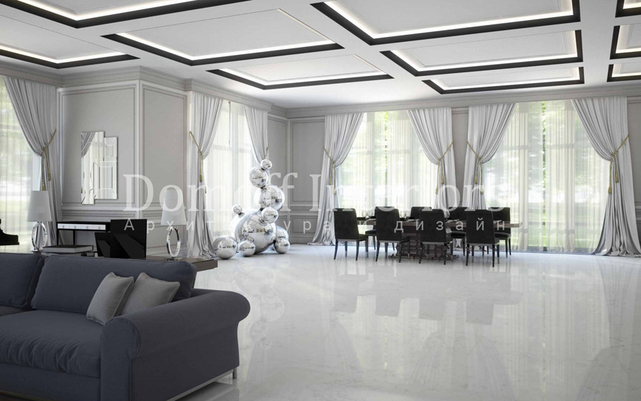 Просторный белый зал контемпорари с квадратной подсветкой потолка