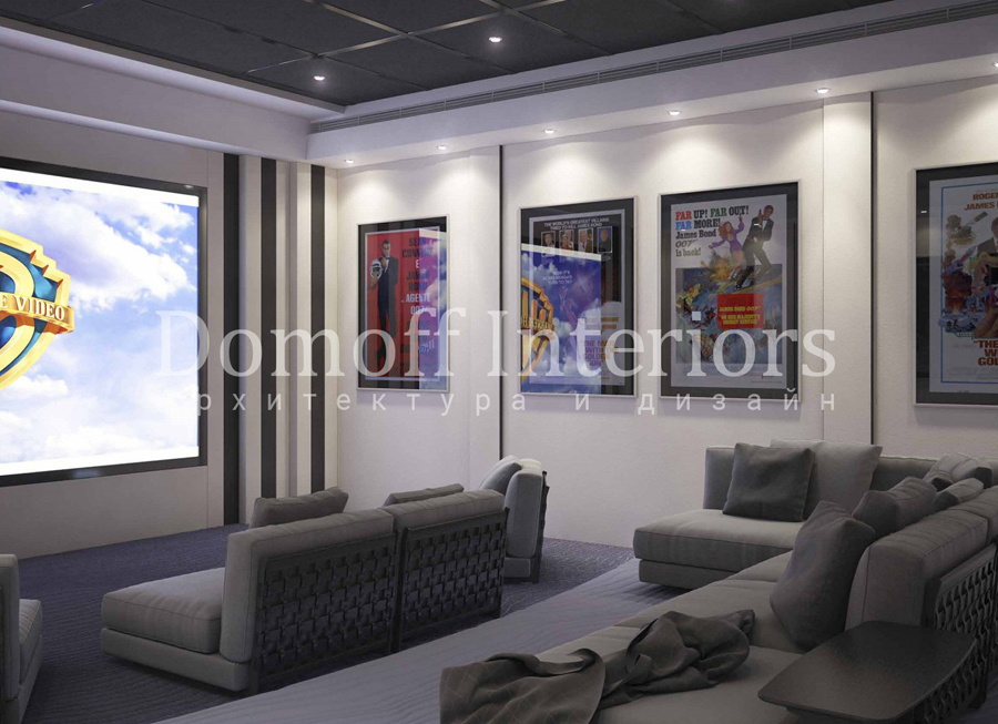 Домашний кинотеатр с серыми диванами