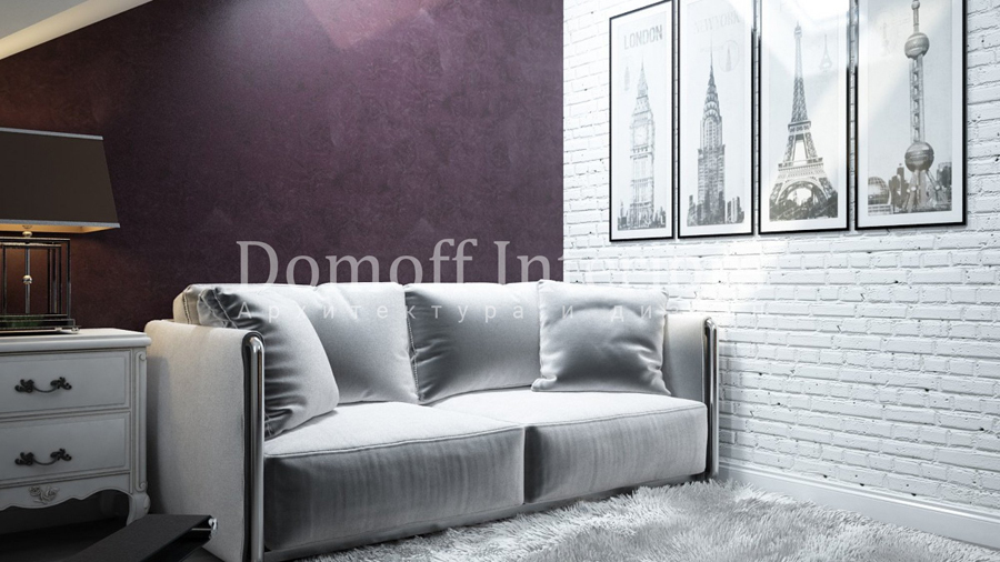 Светлый диван в стиле контемпорари у сиреневой стены