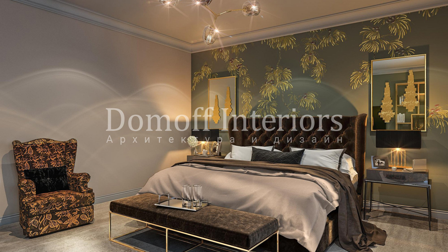 Серо-зелёная стена с золотым растительным узором в дизайне спальни