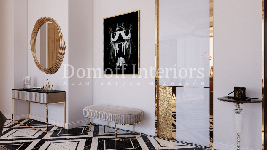 Контрастный чёрно-белый дизайн комнаты с блестящими золотыми деталями