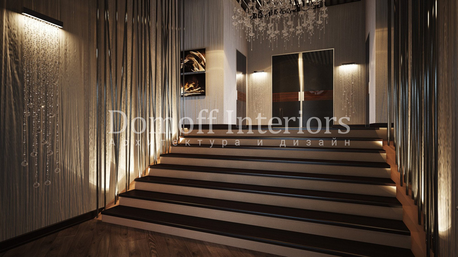 Дизайн лестницы с золотистыми стенами и подсветкой