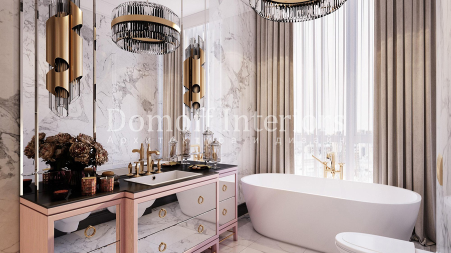 Санузел с отдельной ванной, зеркальными фасадами мебели и необычным дизайном ламп