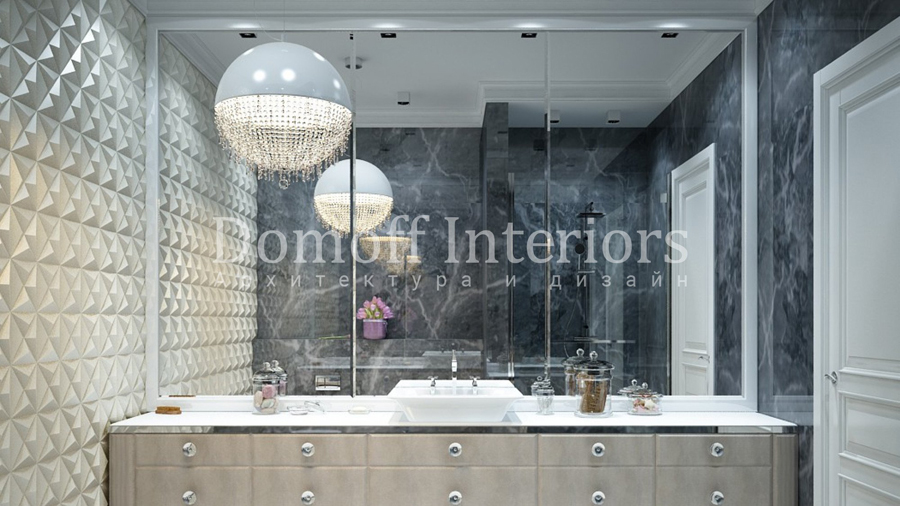 Дизайн ванной контемпорари с объёмными настенными панелями и зеркалами