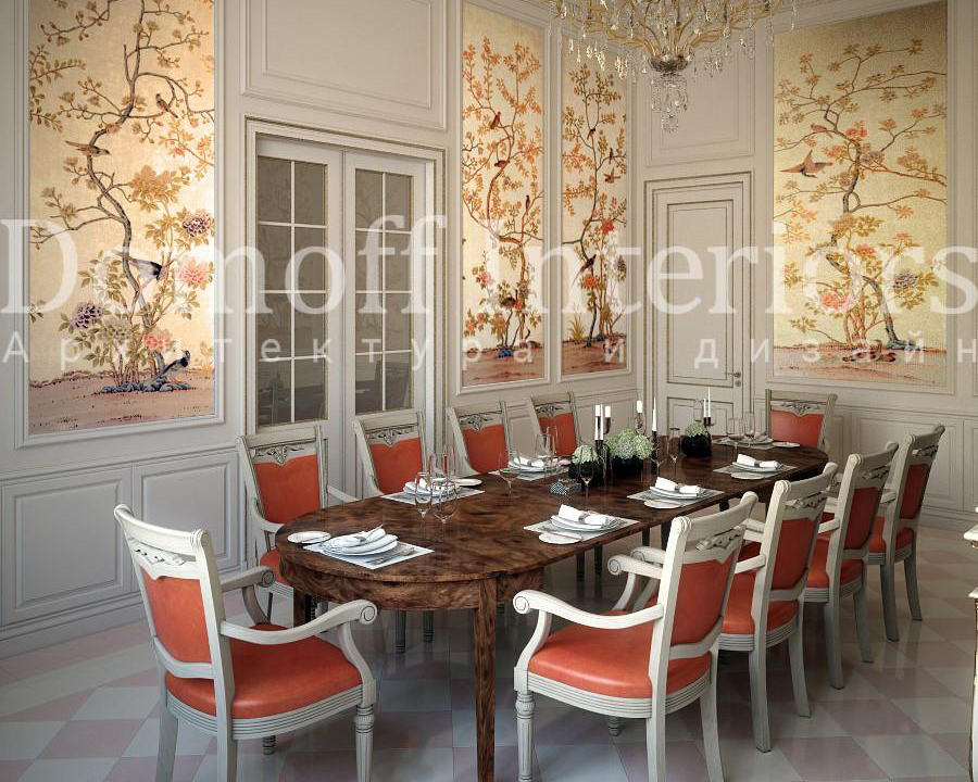 Идеальная симметрия в гостиной-столовой — точный признак классического стиля, отвечающего за четкость композиции