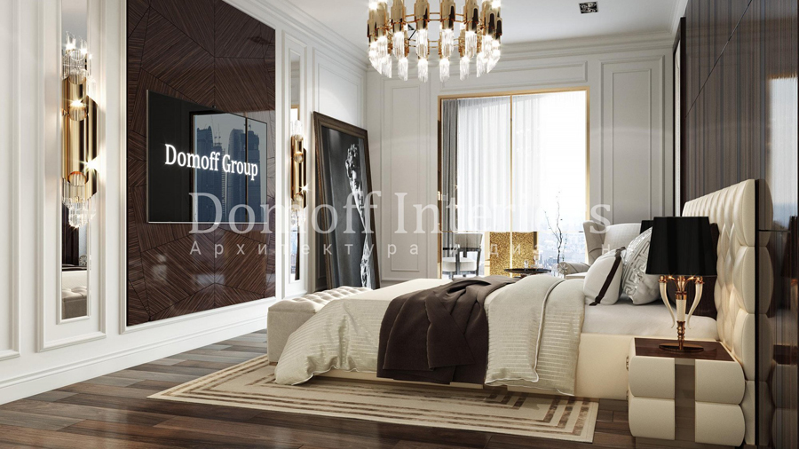 Спальня выполнена в сочетании бежевых, белых и кофейных оттенков с золотым декором