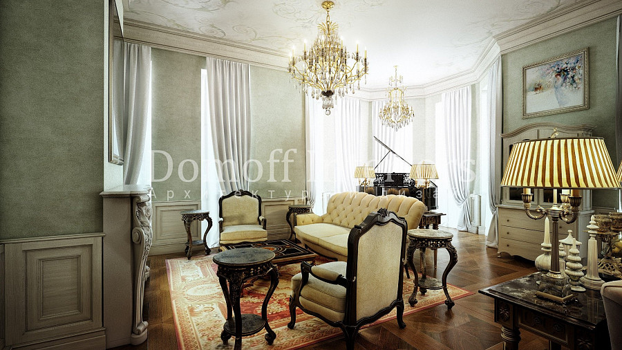 Шикарная кованая окантовка на диванах и креслах вместе с литыми высокими столиками в классической гостиной явно преображает интерьер