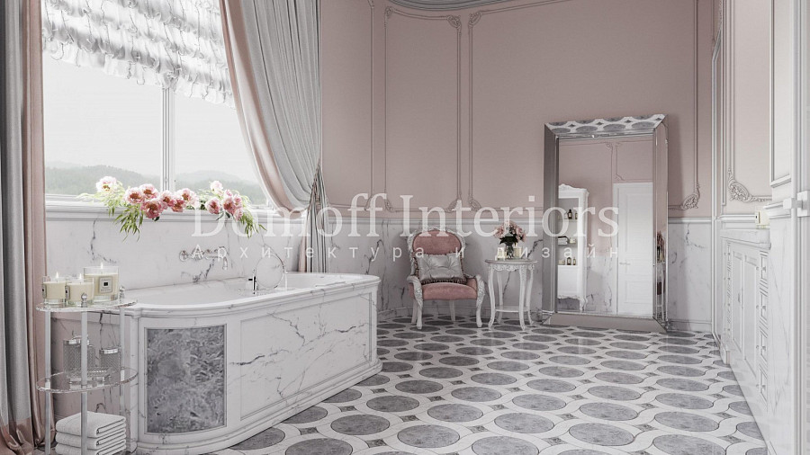 Гипсовый лепной декор под потолком в классической ванной комнате