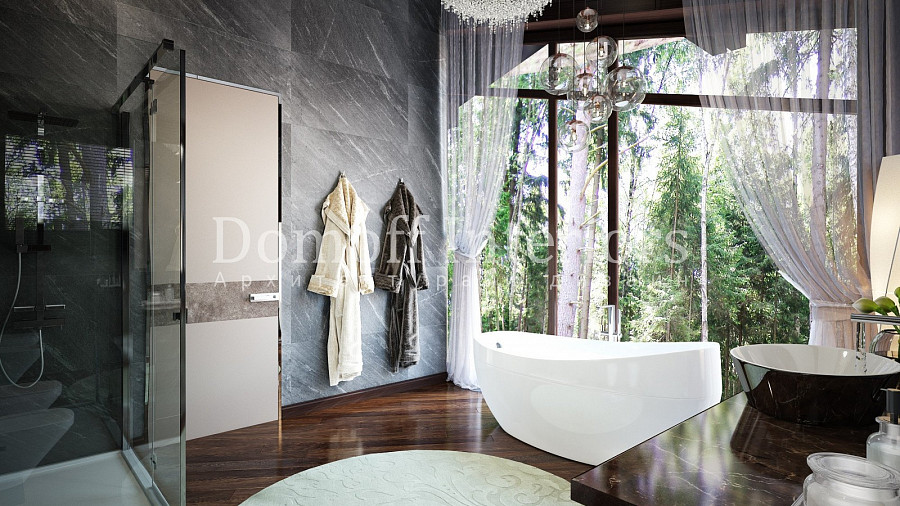 Декоративные панели серого цвета из натурального камня в ванной комнате