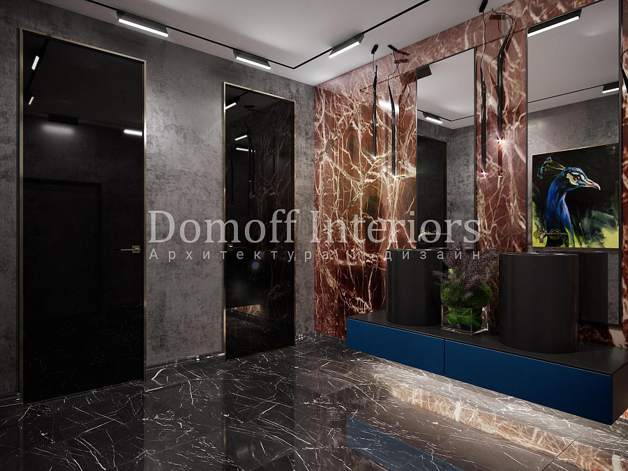 Холл с бетонными и мраморными стенами — люксовый интерьер в передовой дизайнерской задумке