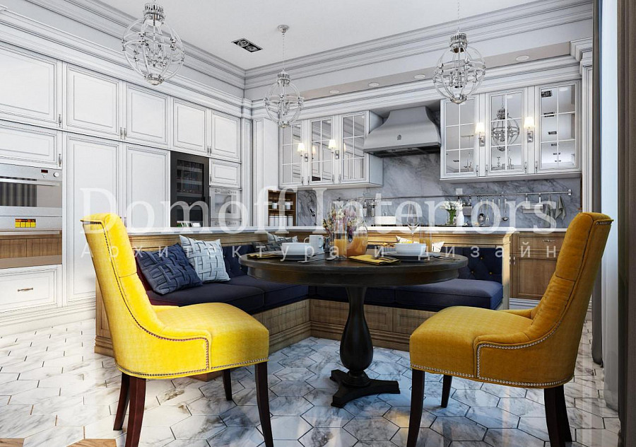 Горчичные кресла в кухне-гостиной — стиль эклектика, классика, современная классика