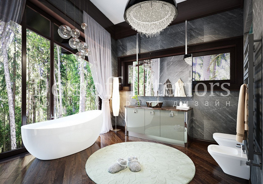 Хрустальная авторская люстра круглой формы в современной ванной комнате в стиле эклектика