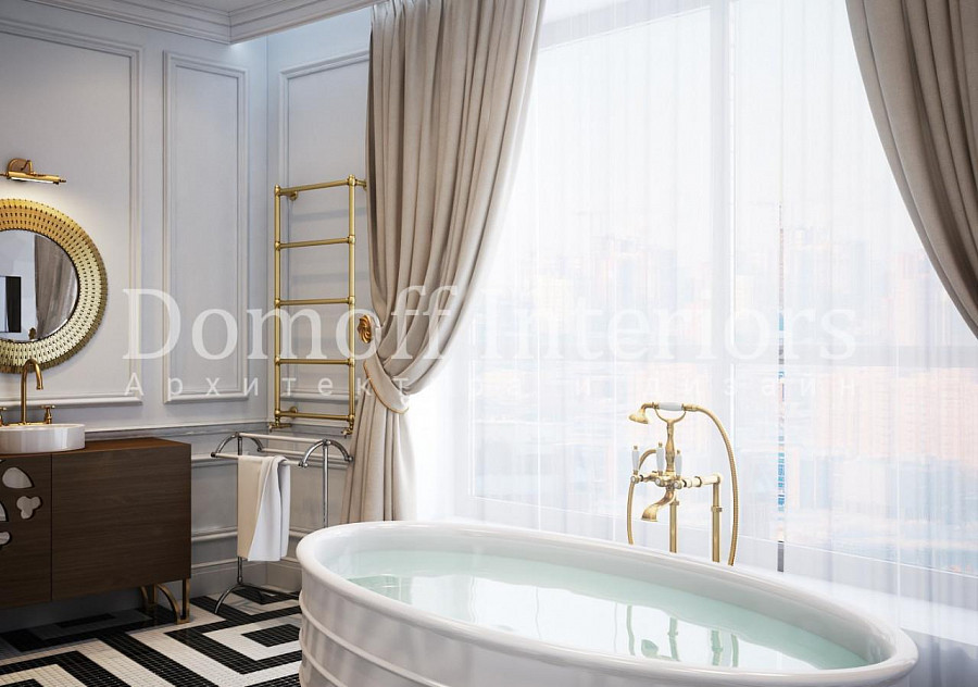Металл золотисто-горчичного цвета в ванной комнате — современный стиль, неоклассика, модерн, эклектика