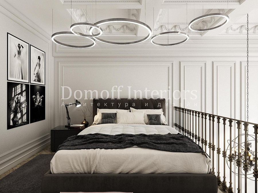 Элитная черно-белая спальня построена 2-м ярусе квартиры, что само собой выступает изюминкой убранства
