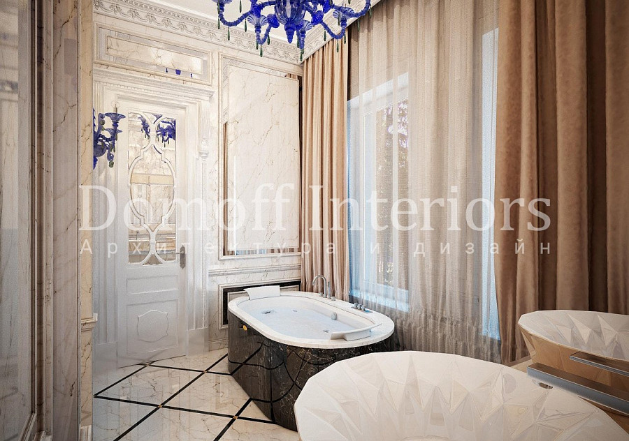 Гипсовый лепной декор классического типа под потолком в современной ванной комнате