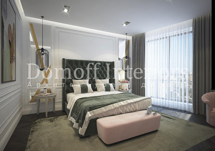 Горчичные оттенки в спальне вместе с пыльно-розовыми и приглушенными зелеными нюансами