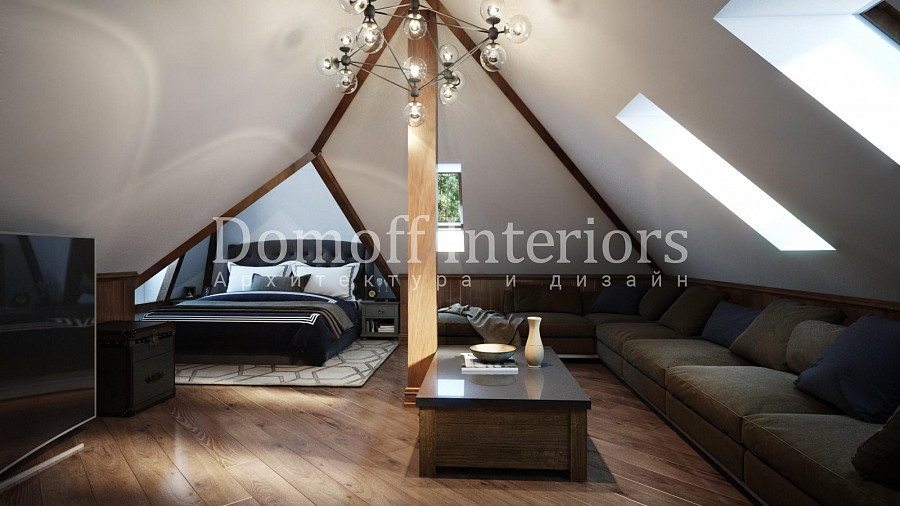 Асимметричный уравновешенный дизайн спальной комнаты в загородном доме имеет свою уникальную изюминку