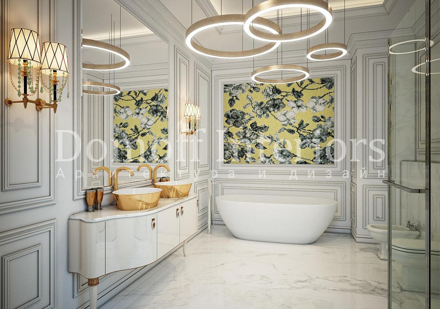Роскошное панно горчичного цвета из мозаики — ванная комната в белых тонах загородного дома