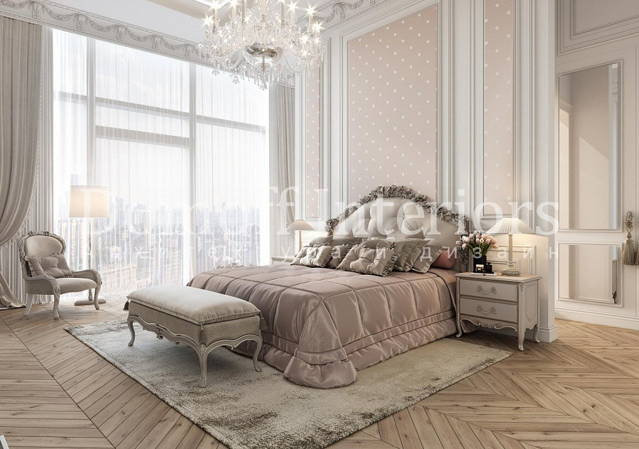 Гипсовая лепнина в виде потолочного плинтуса в романтичной спальне в пастельных тонах