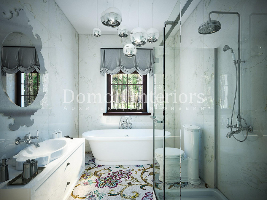 Горчичный цвет в стиле неоклассика, эклектика: ванная комната в элитном интерьере