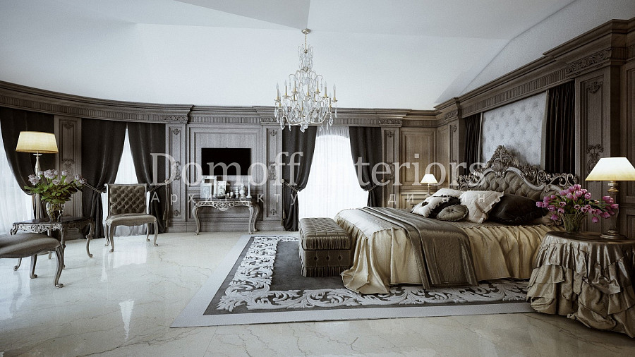 Кованые обрамления мебели в роскошном классическом интерьере большой спальни
