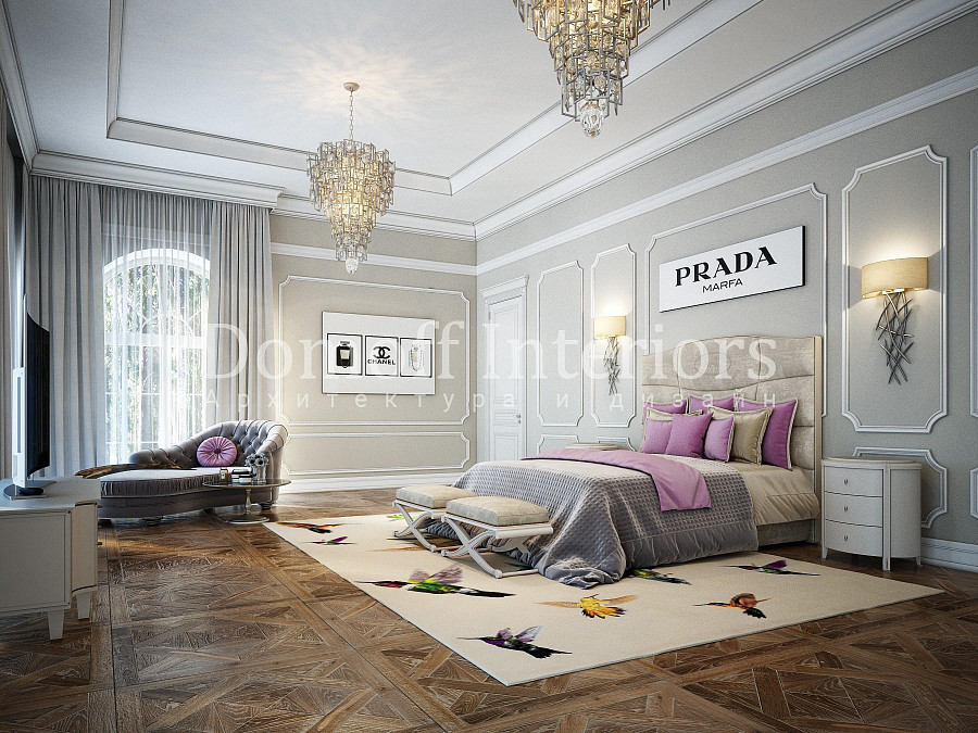 Модный вариант украшения изголовья кровати в дорогой спальне — картинка с надписью знаменитого бренда Prada