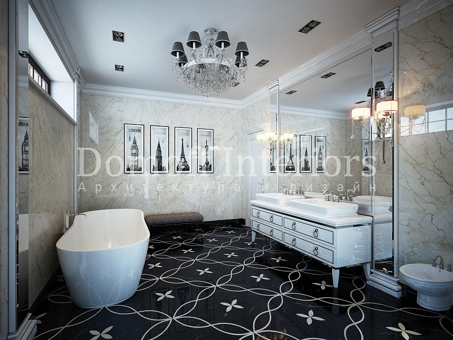 Контраст черного и белого всегда актуален при построении композиции в элитном интерьере ванной комнаты