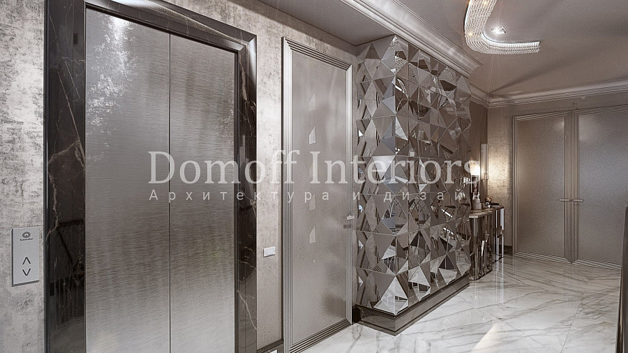 Алюминиевые 3д стеновые панели в лифтовом холле загородного дома
