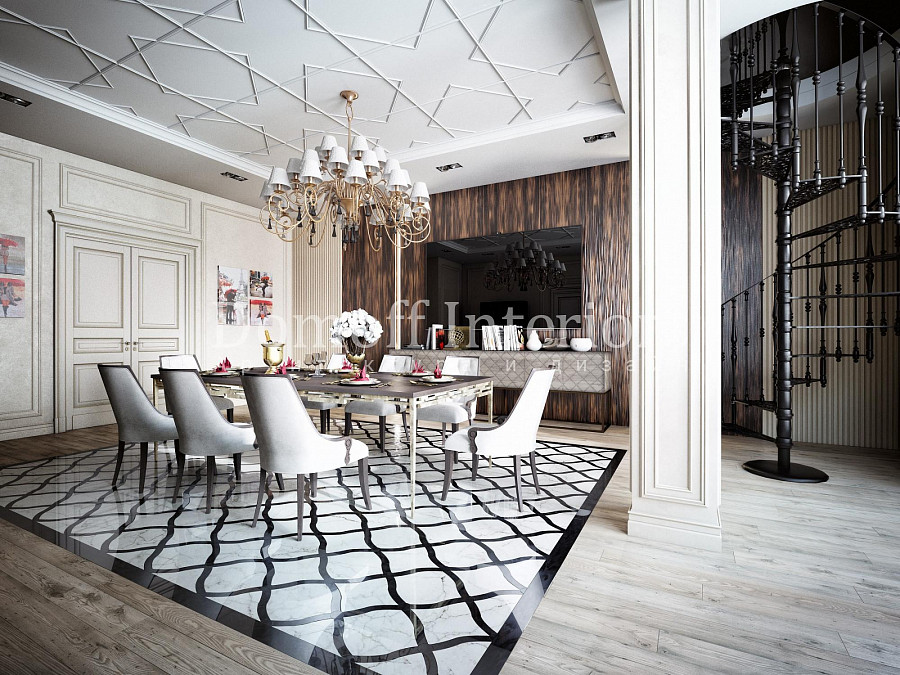Кухня-столовая на первом этаже двухъярусной квартиры выполнена в современном стиле с использованием авангардных и готических тенденций