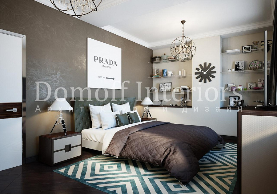 Изголовье кровати: отделка акцентной стены серой краской с серебристым блеском и декор в виде картины с надписью бренда