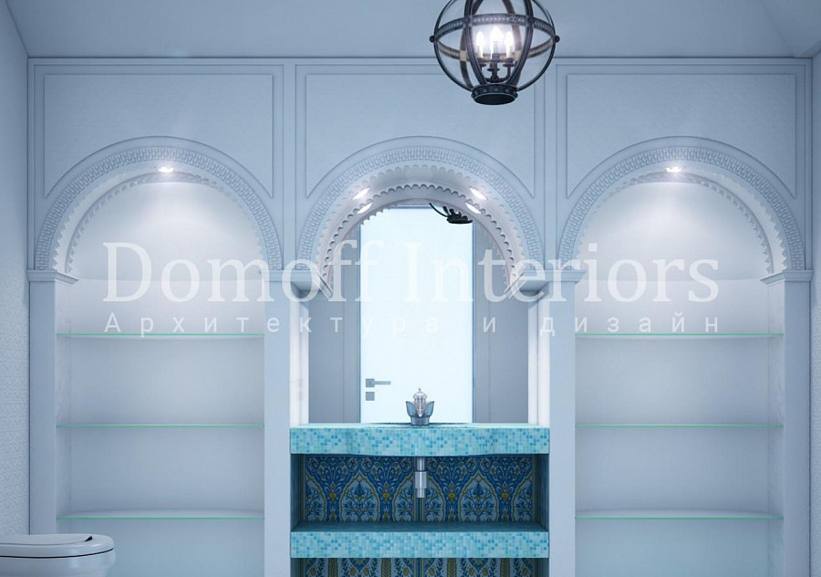 Плитка в восточном стиле с горчичными и голубыми оттенками — ванная комната в роскошном особняке