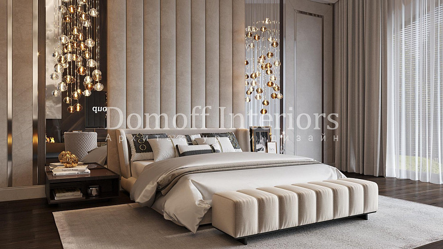 Мягкая стеновая панель серо-бежевого цвета в современной спальне в пастельных оттенках