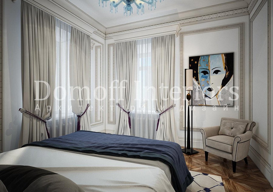 Картина с горчичными нюансами рядом с голубыми и серыми оттенками на стене в люксовой спальне — стиль эклектика