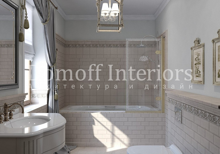Керамическая плитка бежевого цвета в классической ванной комнате имитирует кирпичную кладку