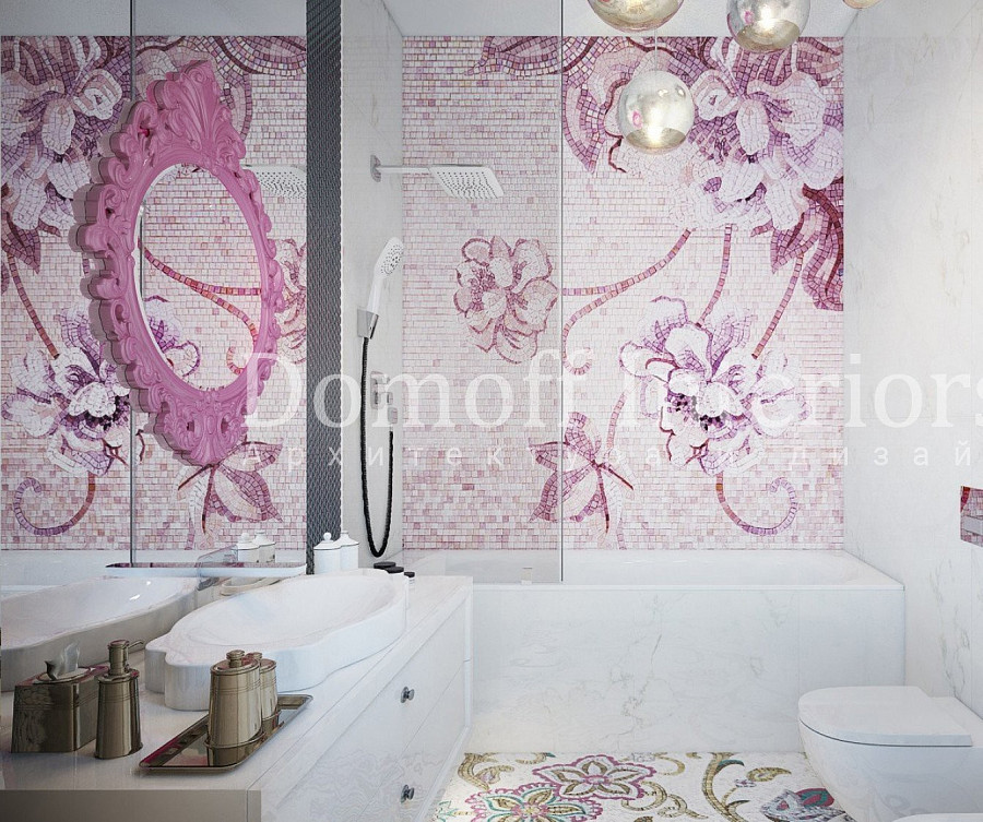 Мозаика в виде панно на стене и на полу в ванной в розовых тонах