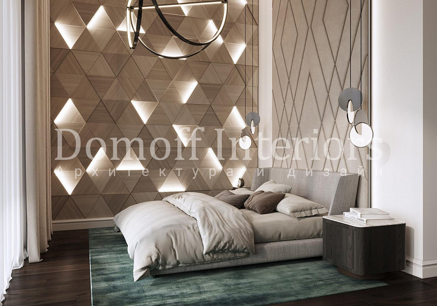 Мягкие панели серо-бежевого цвета и деревянный стеновой декор 3д в спальне